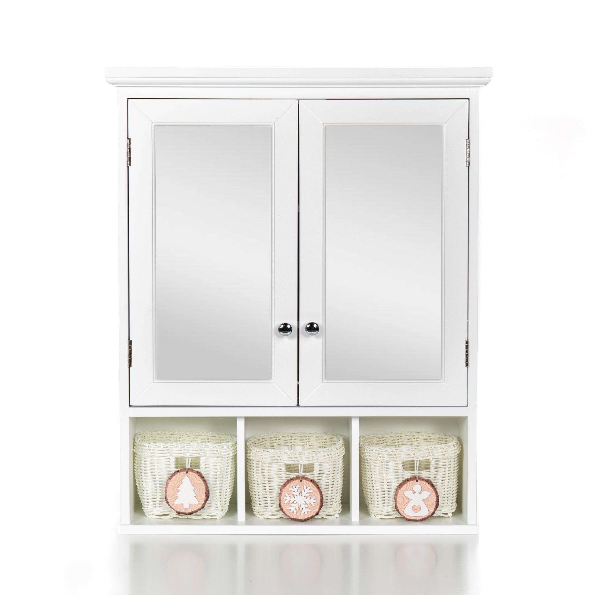 White wooden medicine cabinet with mirrored doors and three woven baskets below