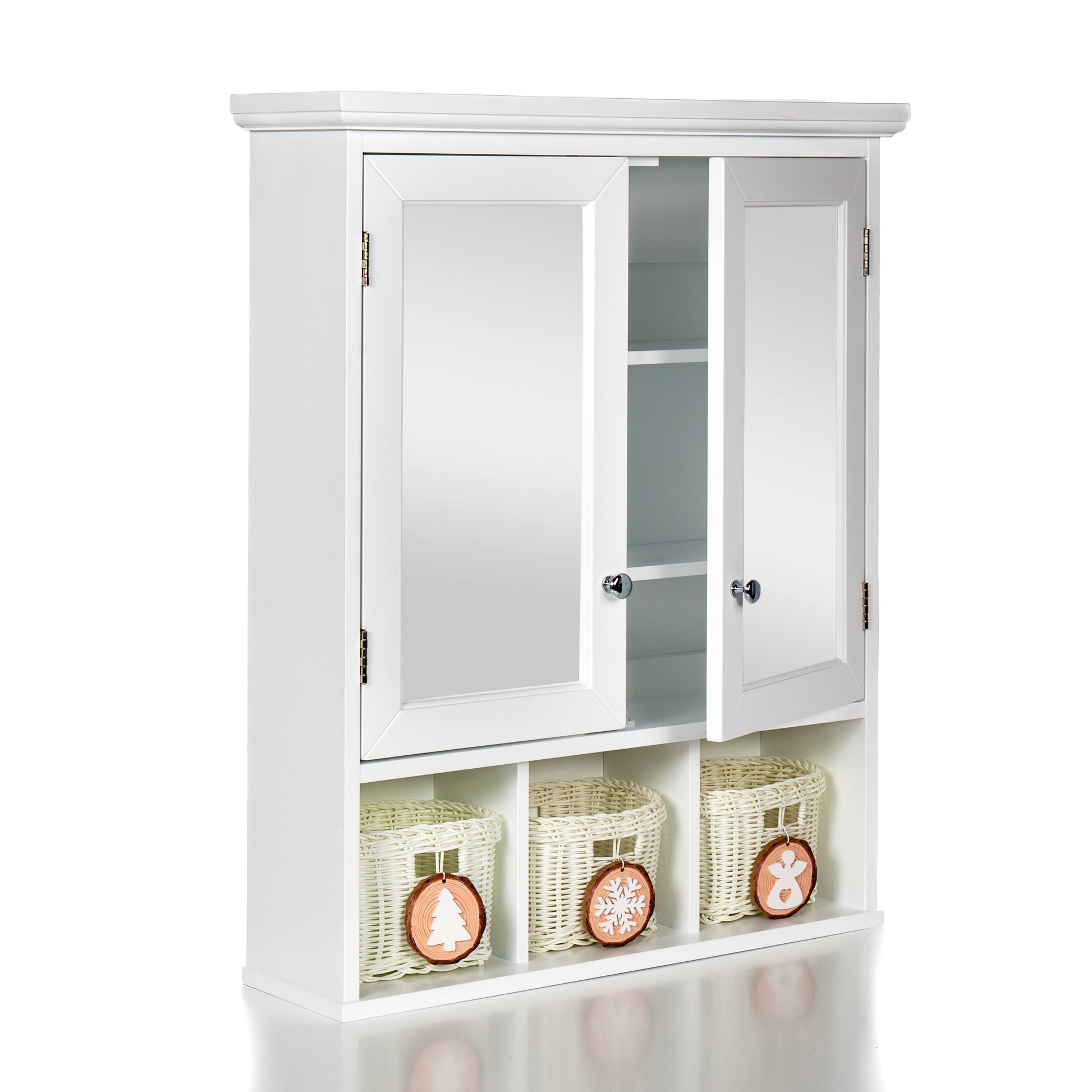 White mirrored medicine cabinet with three woven storage baskets and decorative wood slices