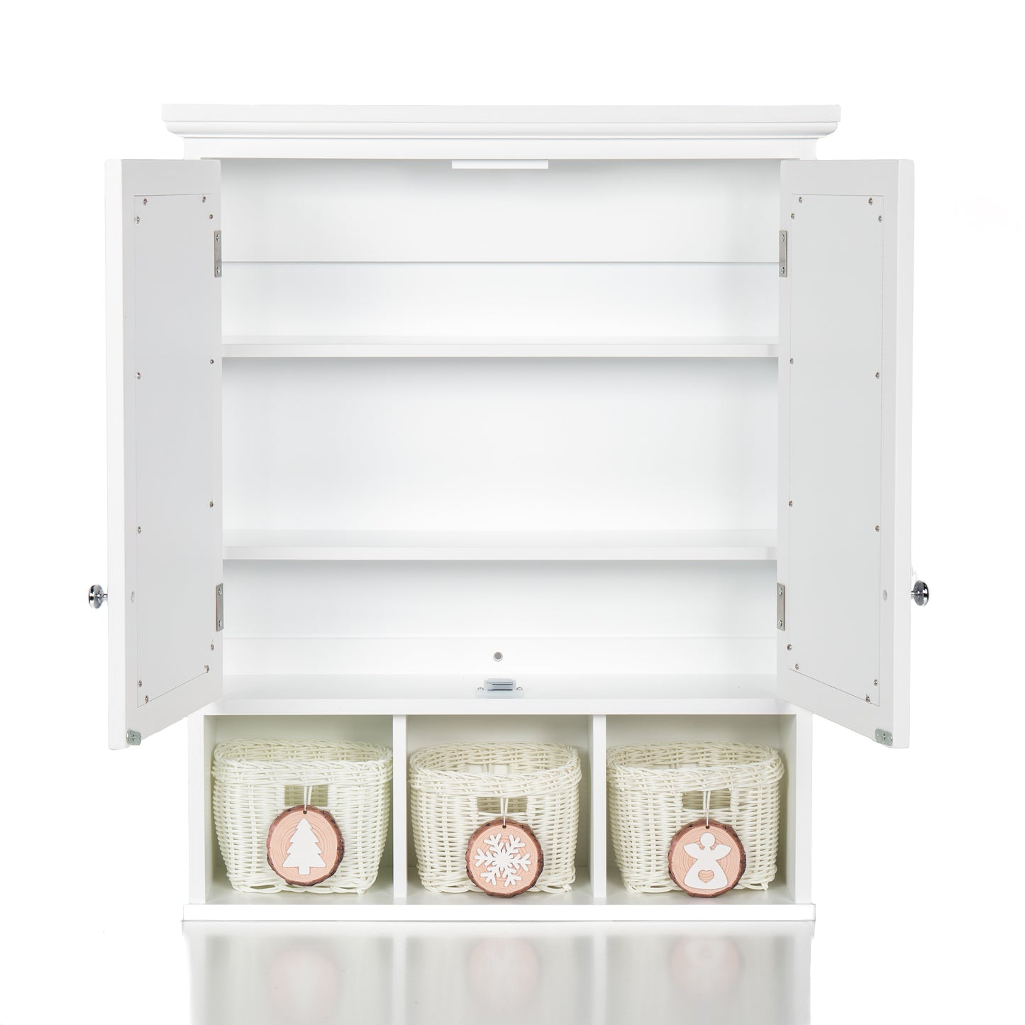 White wooden bathroom cabinet with open doors and three woven baskets below