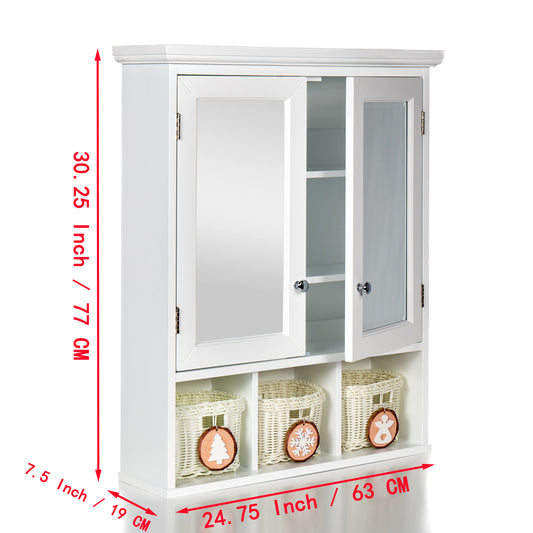 White wooden bathroom cabinet with mirrored door and storage baskets