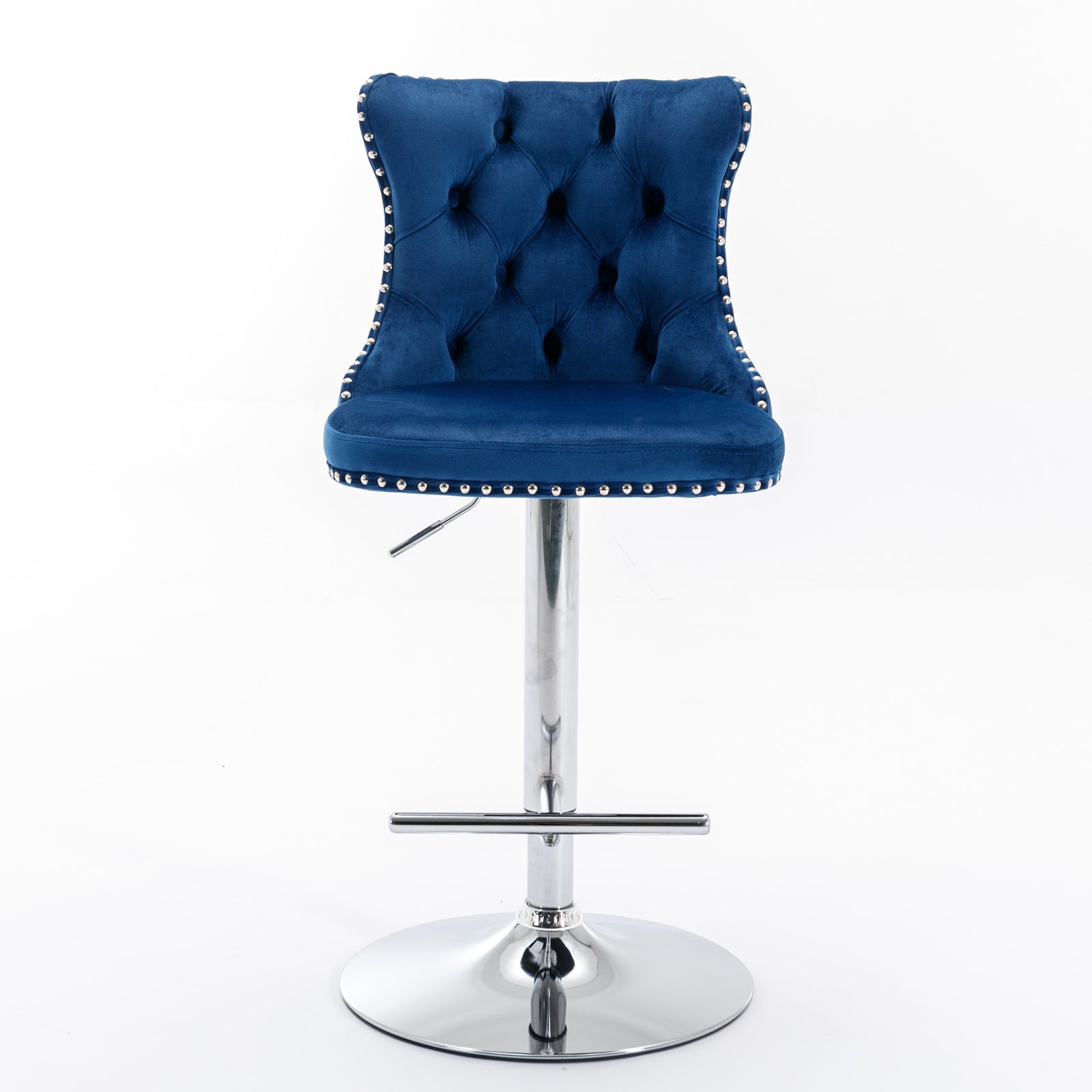 Plush velvet navy blue tufted bar stool with silver nailhead trim