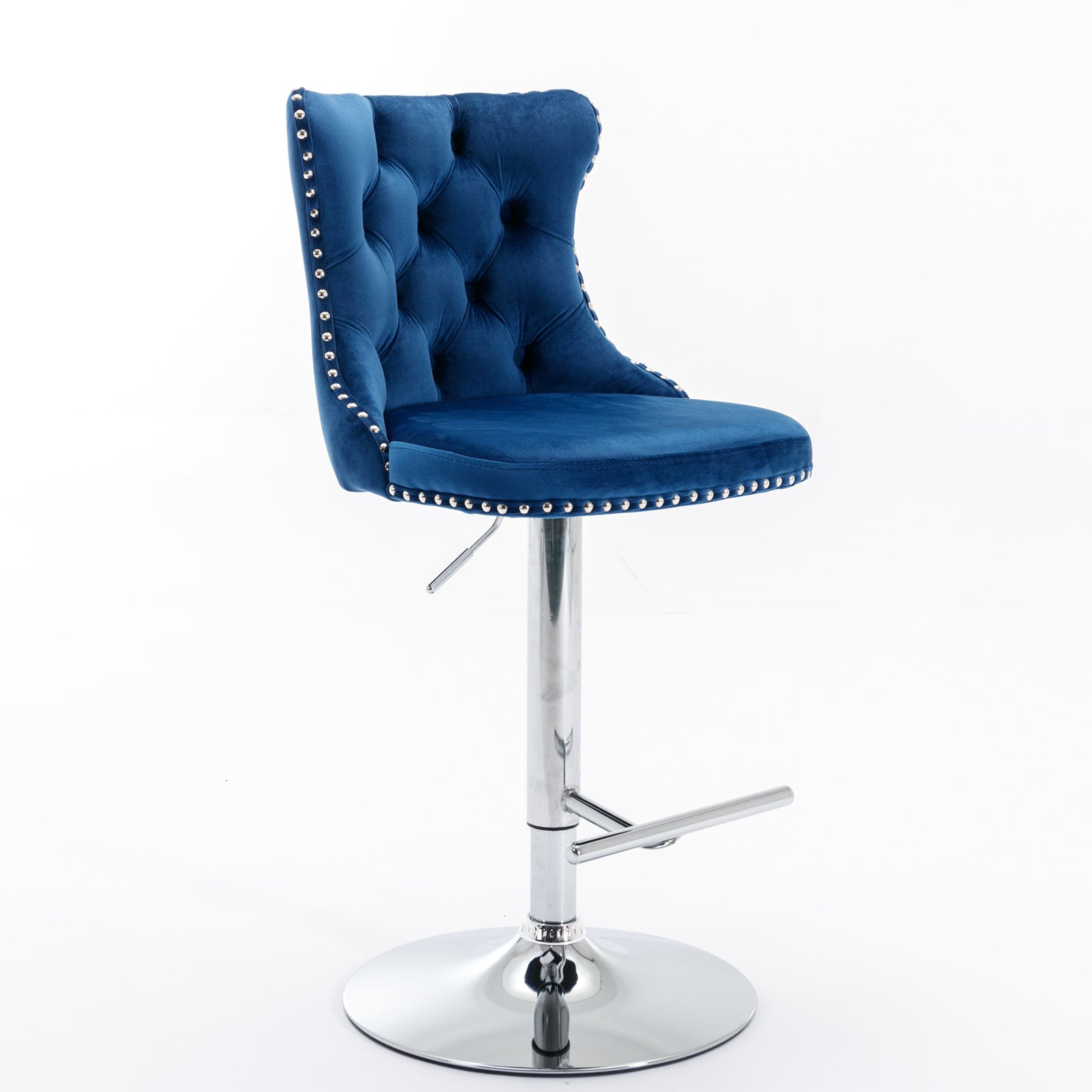 Deep blue velvet tufted bar stool with silver nailhead trim
