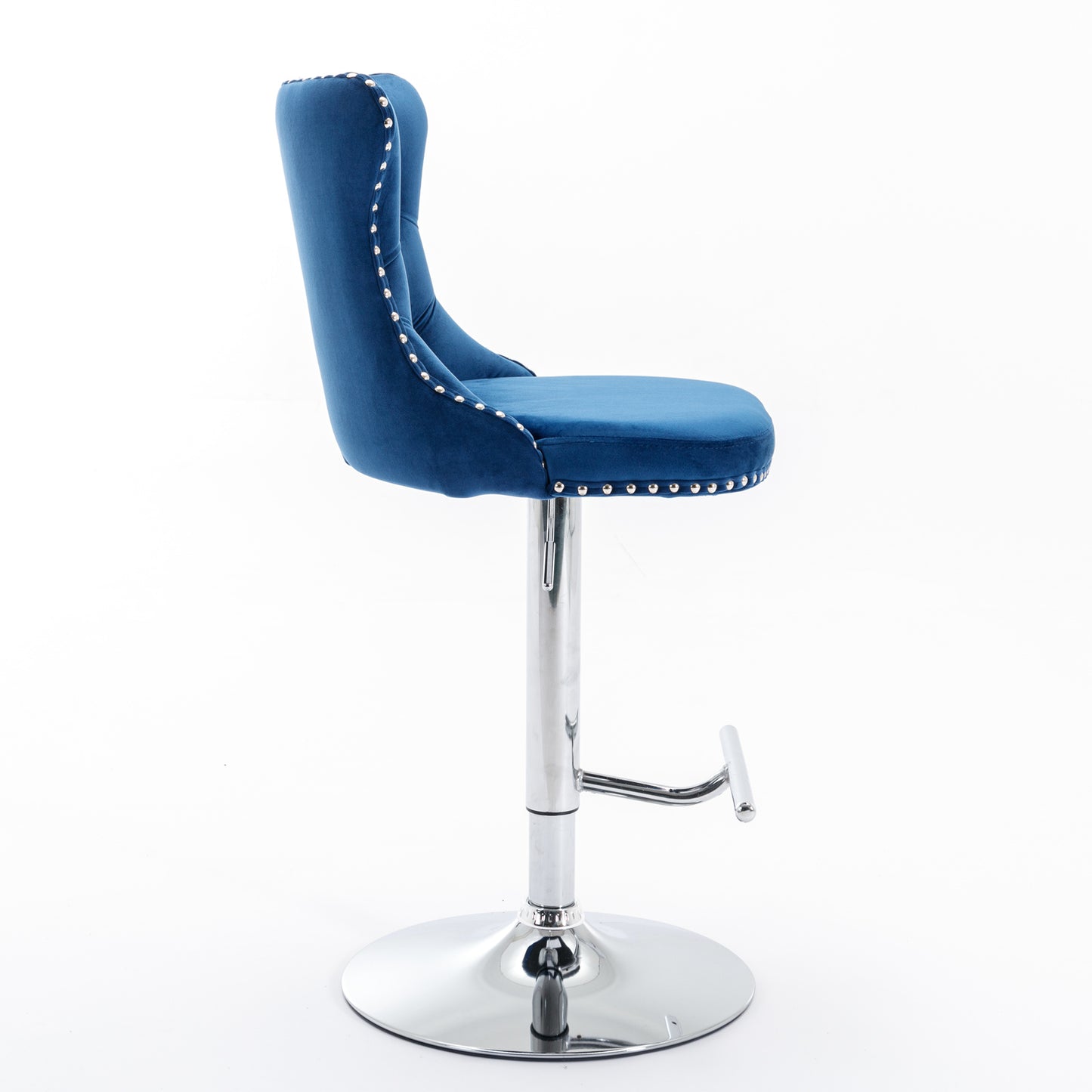 Deep blue velvet adjustable bar stool with silver stud accents