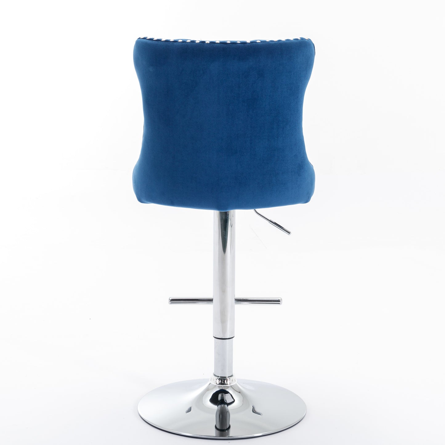 Navy blue velvet bar stool with tufted back and chrome base