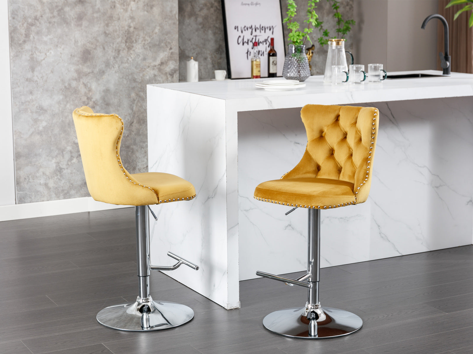 Yellow velvet bar stool with diamond tufting and silver nailhead trim