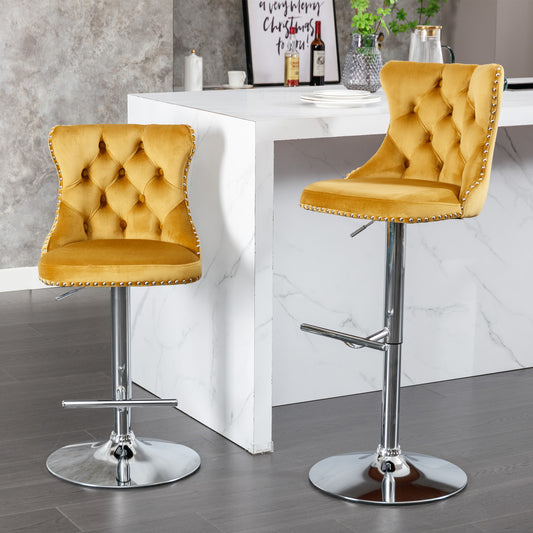 Yellow velvet tufted bar stool with chrome base