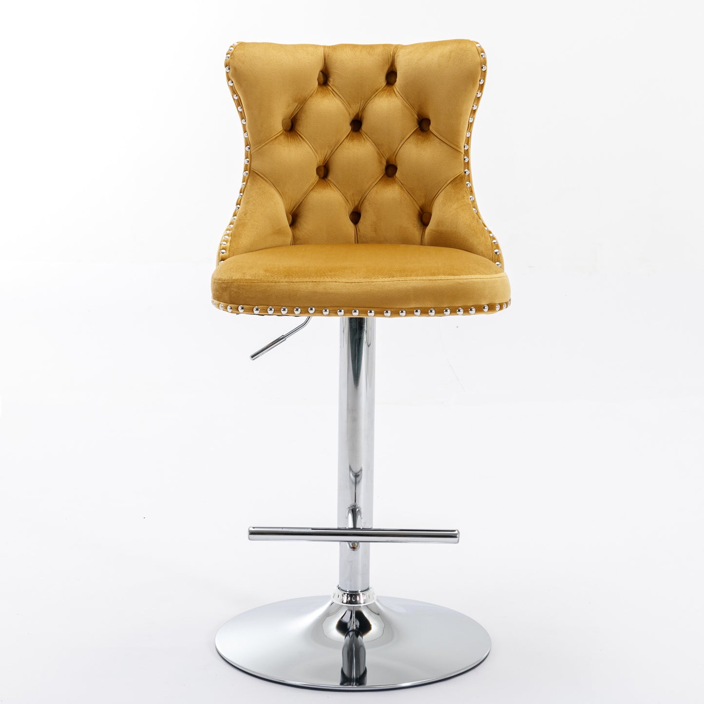 Tufted mustard velvet bar stool with chrome pedestal base and silver studding