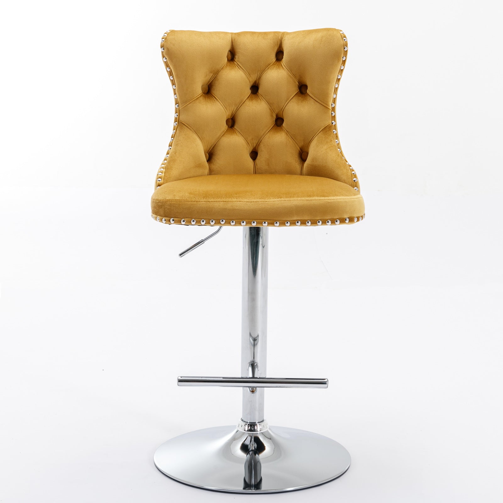 Tufted mustard velvet bar stool with chrome pedestal base and silver studding
