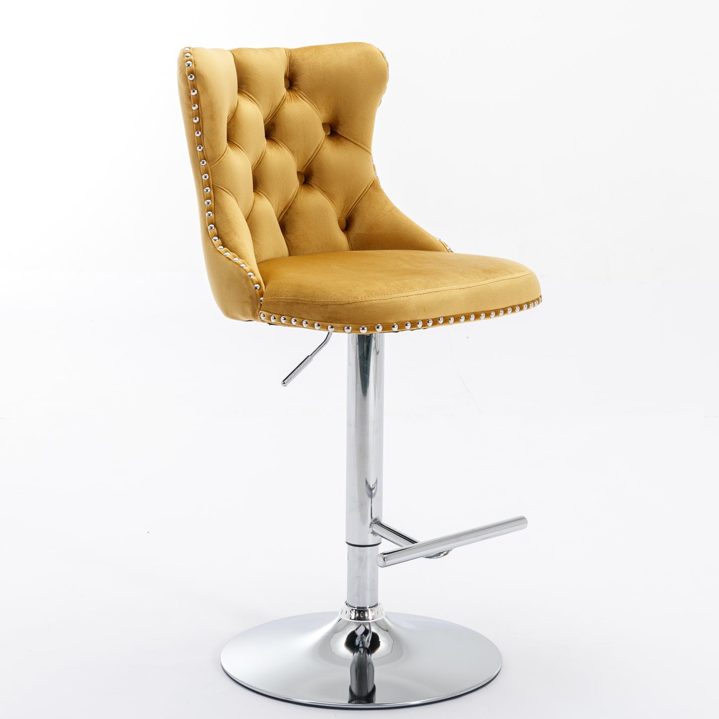 Yellow velvet tufted bar stool with silver nailhead trim and chrome base