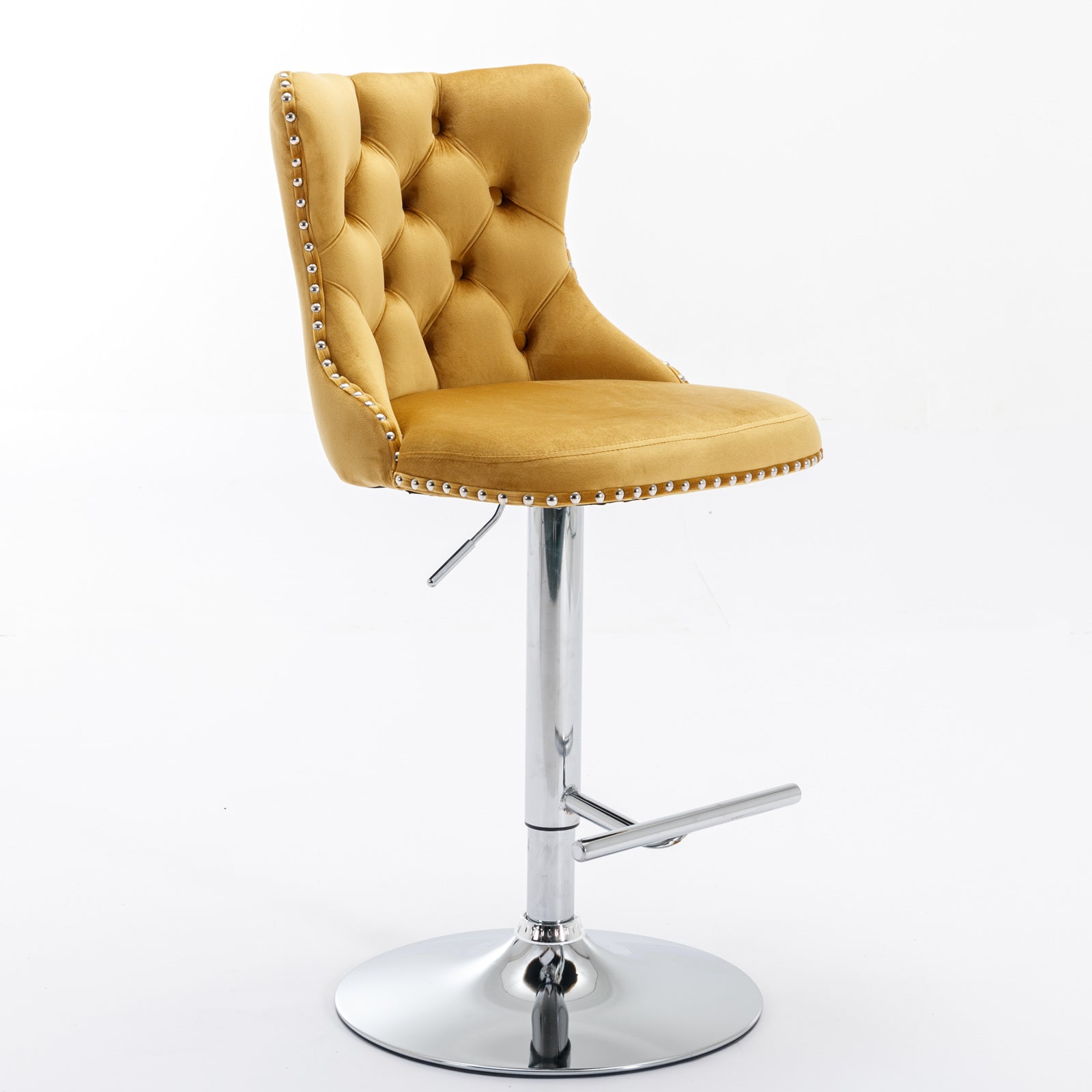 Yellow velvet tufted bar stool with silver nailhead trim and chrome base