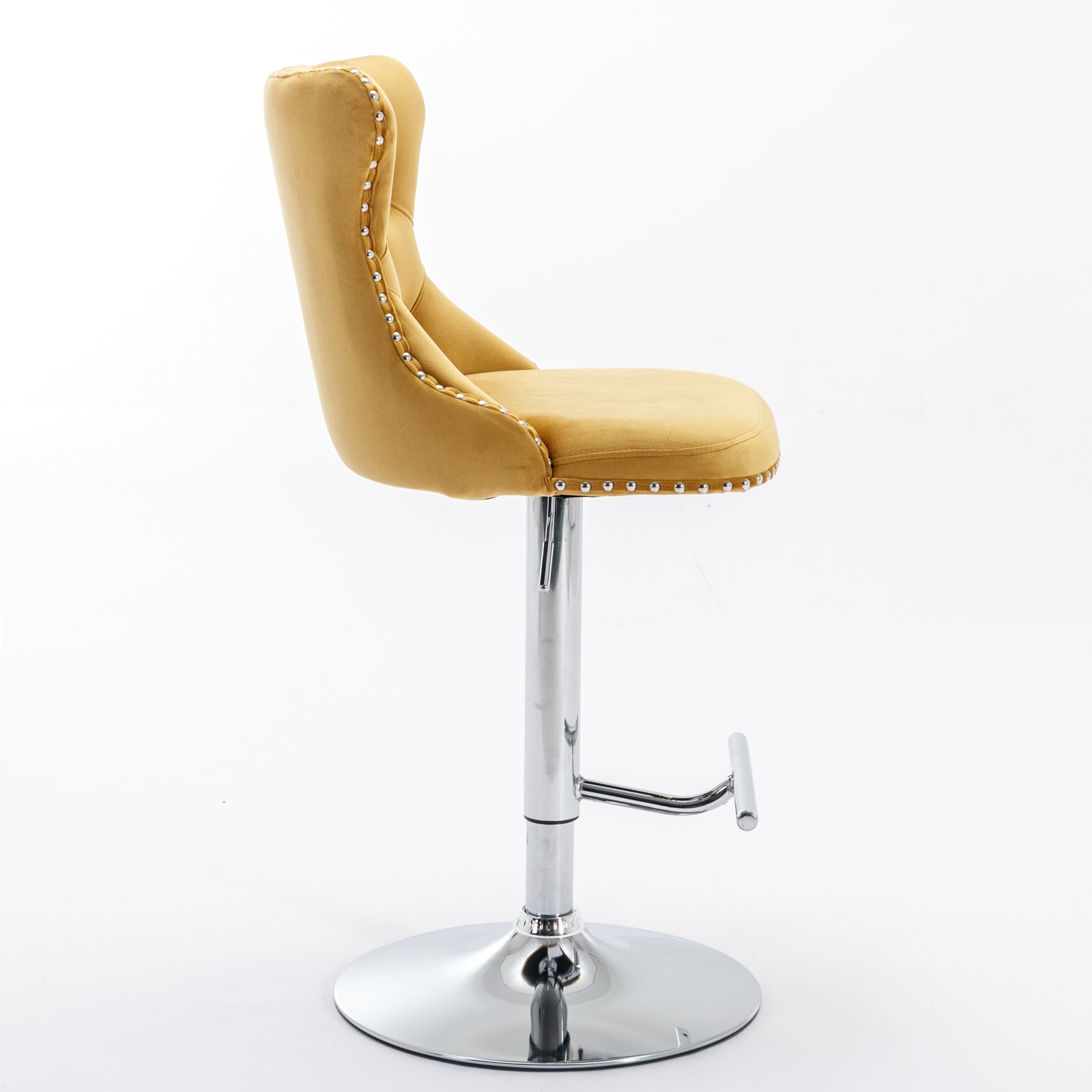 Yellow velvet bar stool with chrome base and decorative stud trim