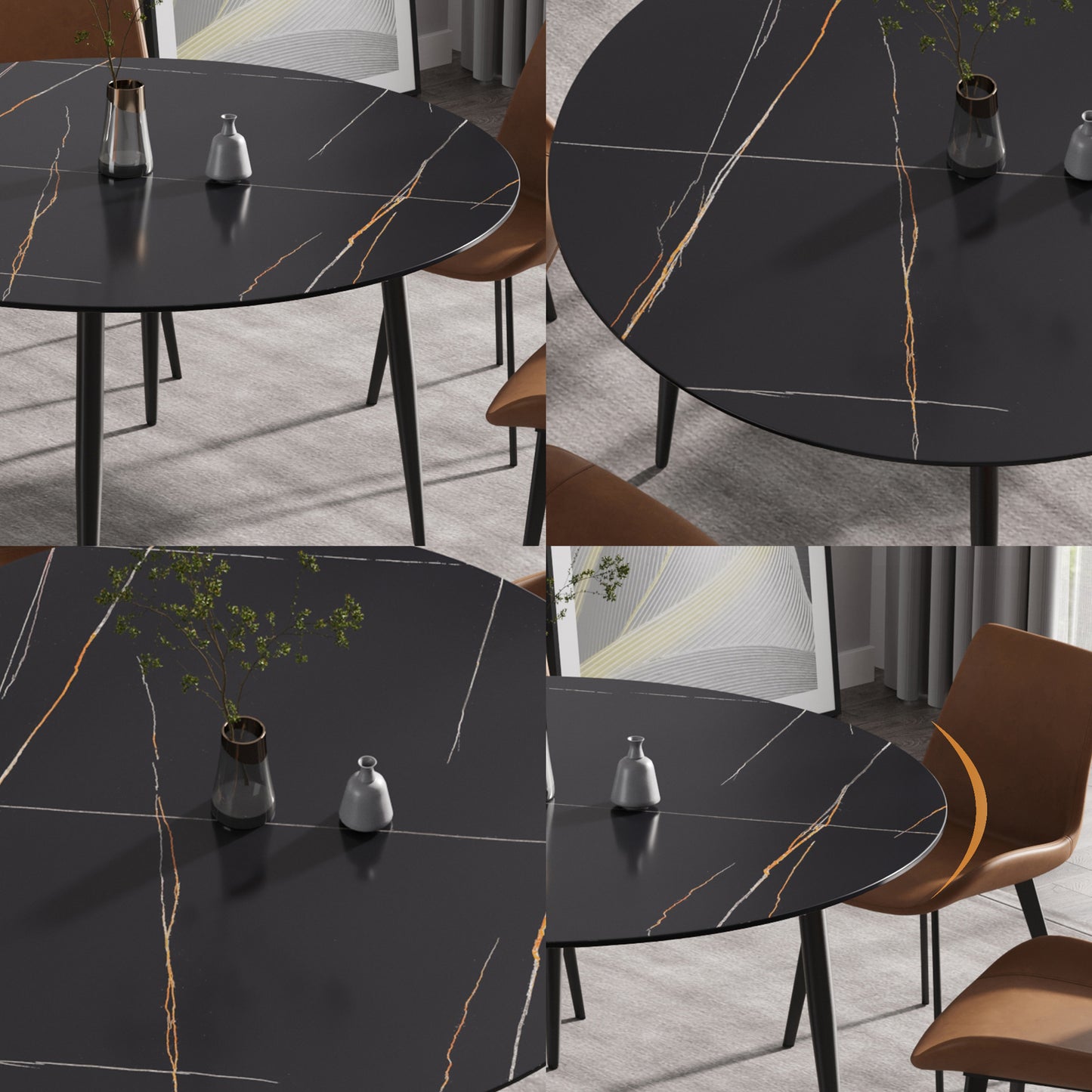 Black marble dining table with gold veining and minimalist design