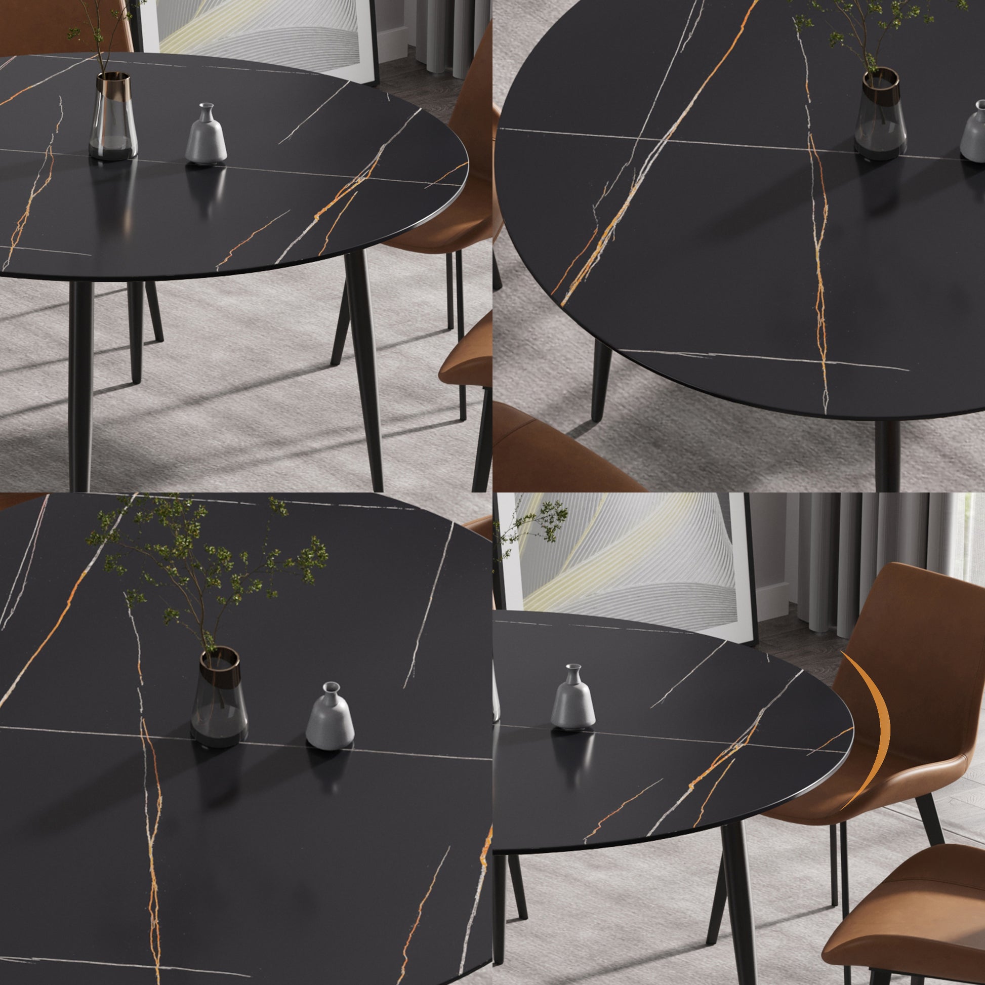 Black marble dining table with gold veining and minimalist design