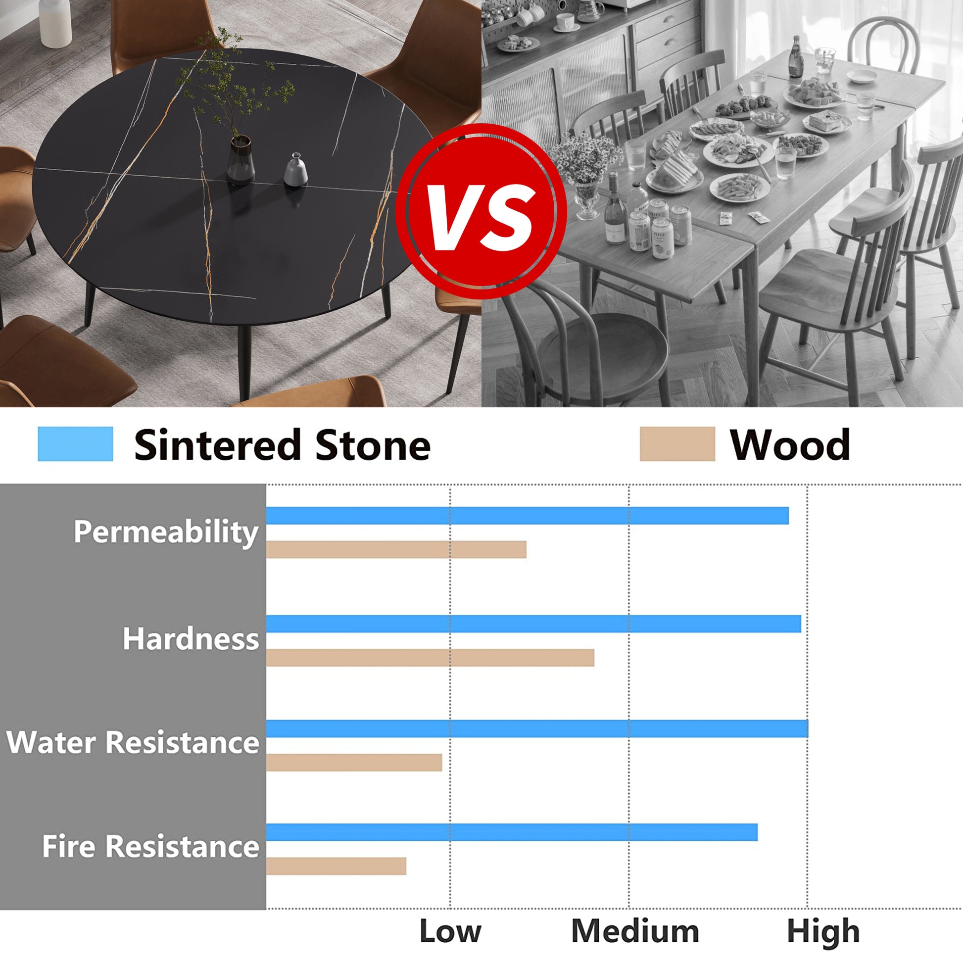 Round black sintered stone dining table with gold and white veining