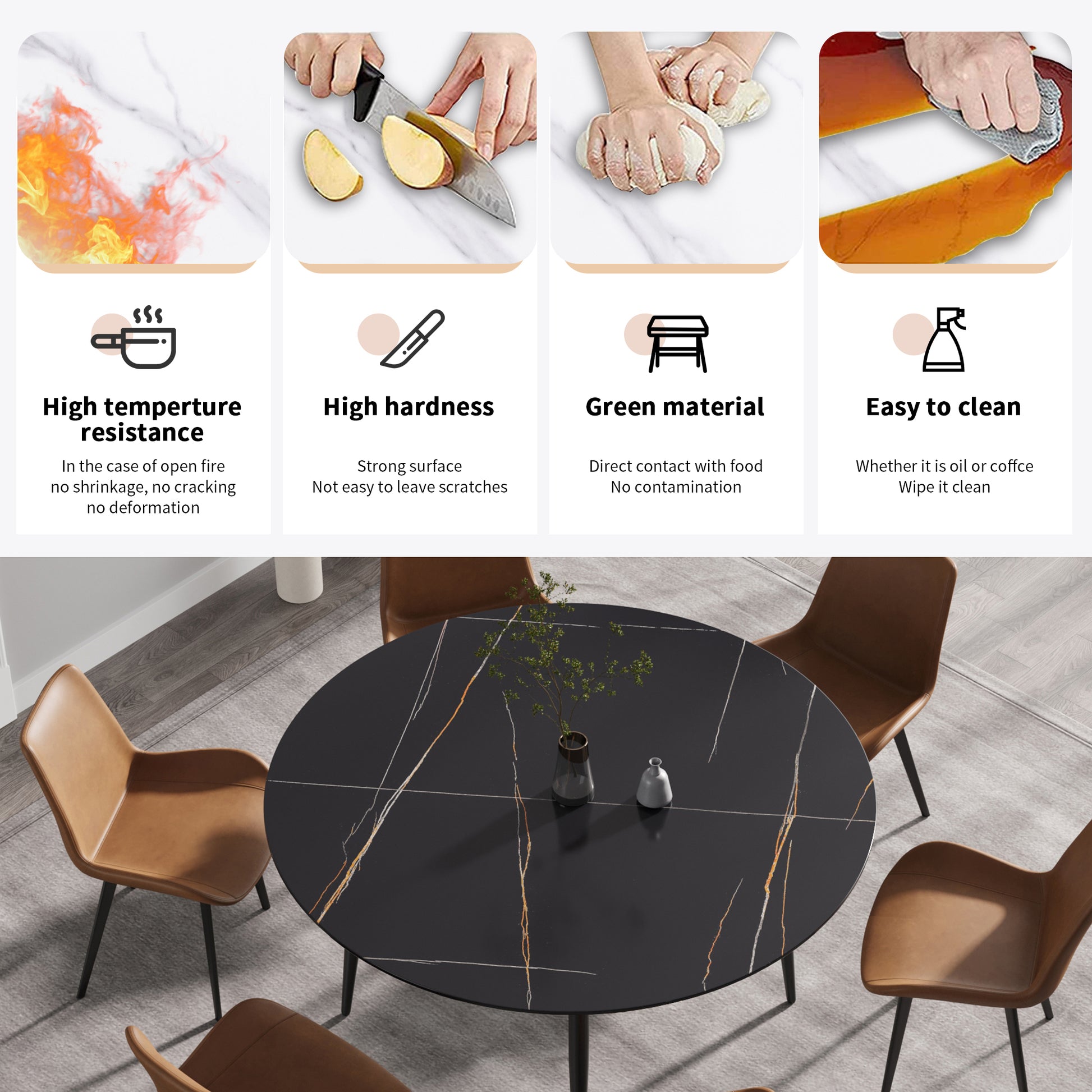 Black marble dining table with gold veining and four brown leather chairs