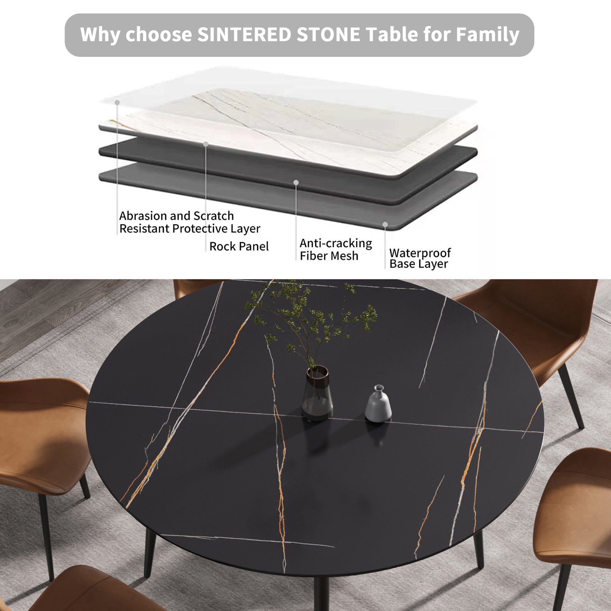 Round black sintered stone table with gold and white veining