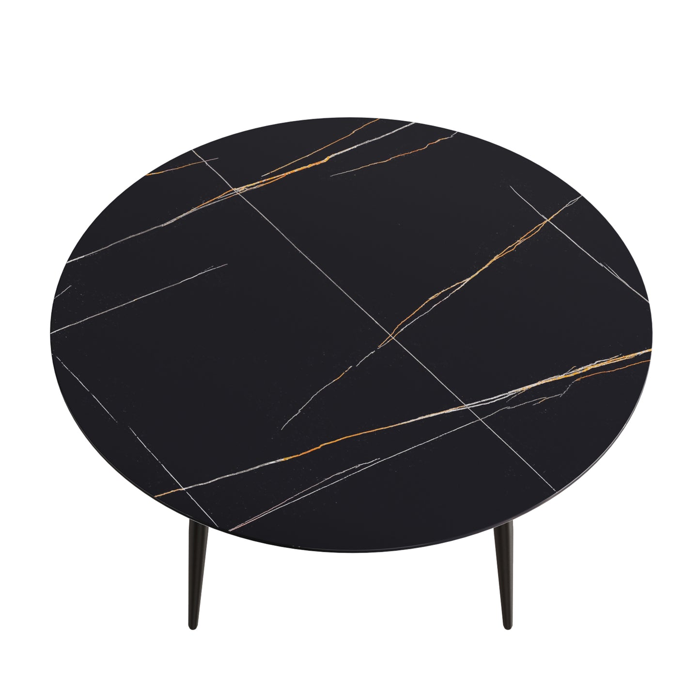 Round black marble coffee table with gold and white veining