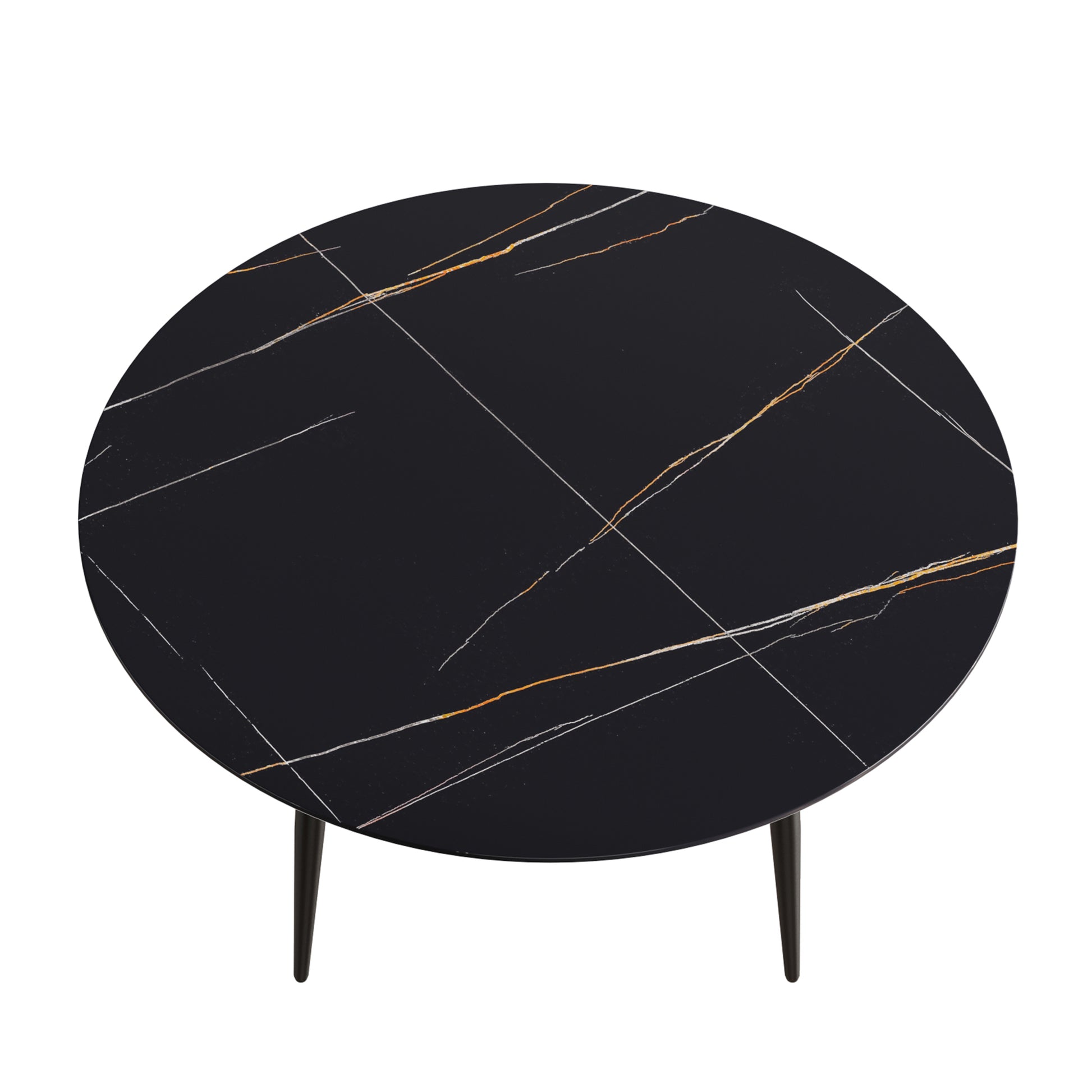 Round black marble coffee table with gold and white veining