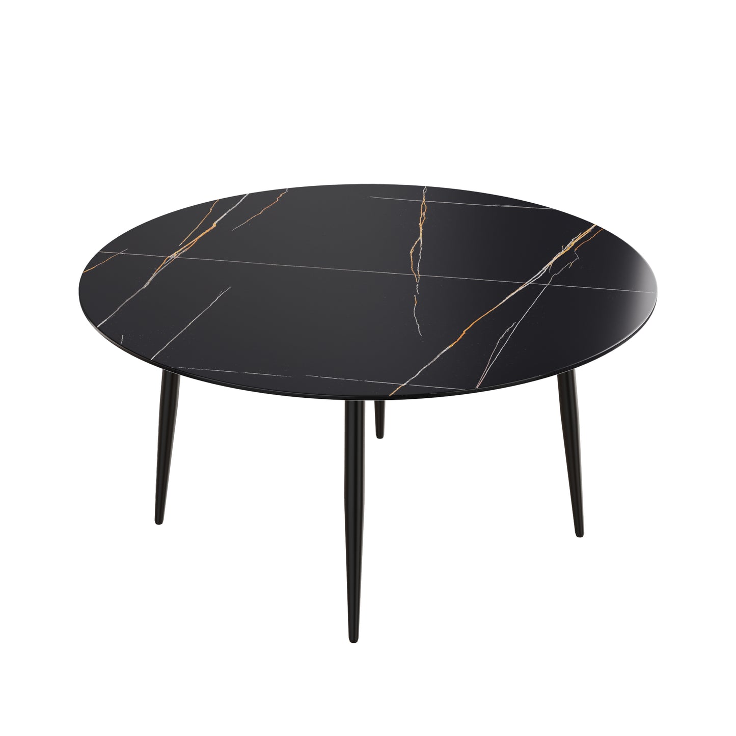 Round black marble coffee table with gold and white veining