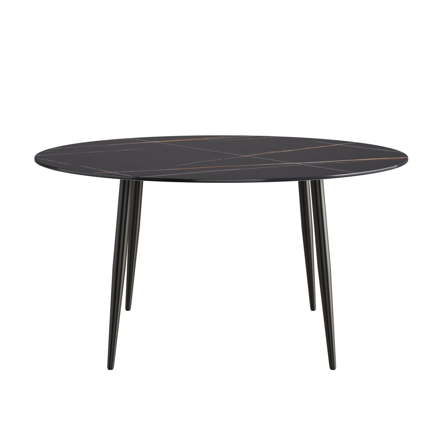 Round black marble dining table with gold and white veining tapered black legs