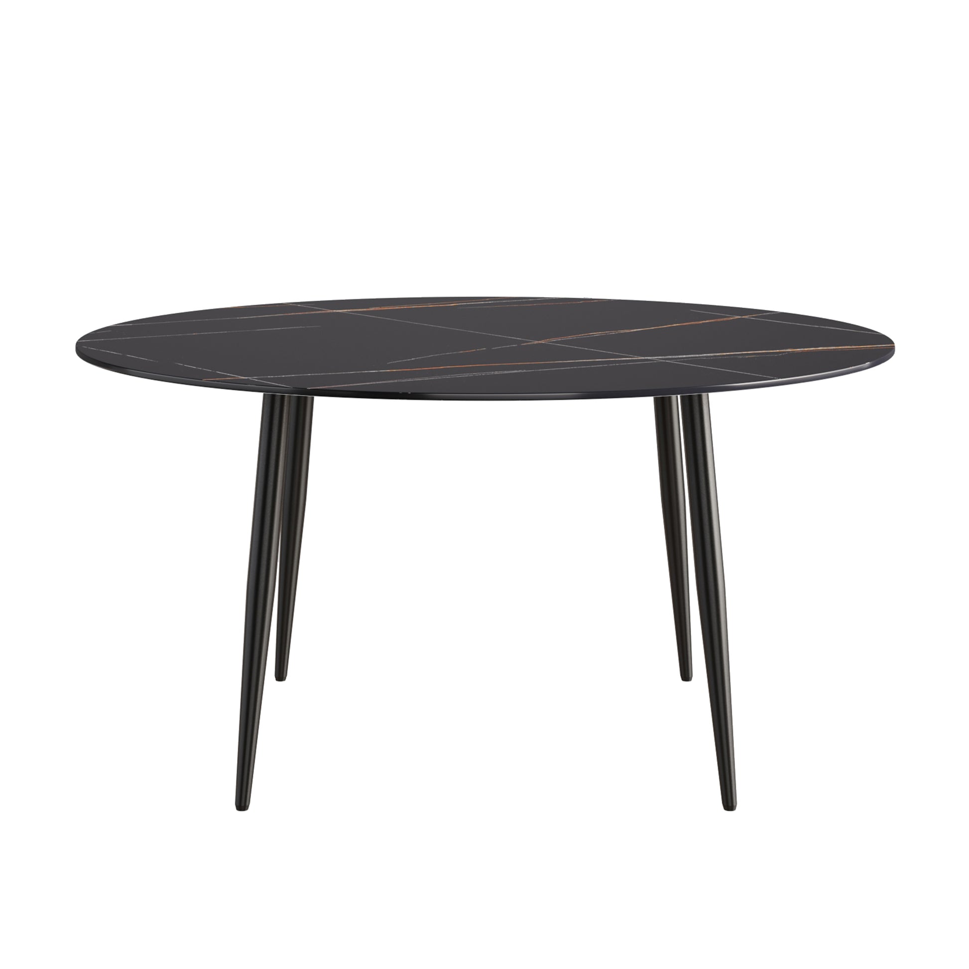 Round black marble dining table with gold and white veining tapered black legs