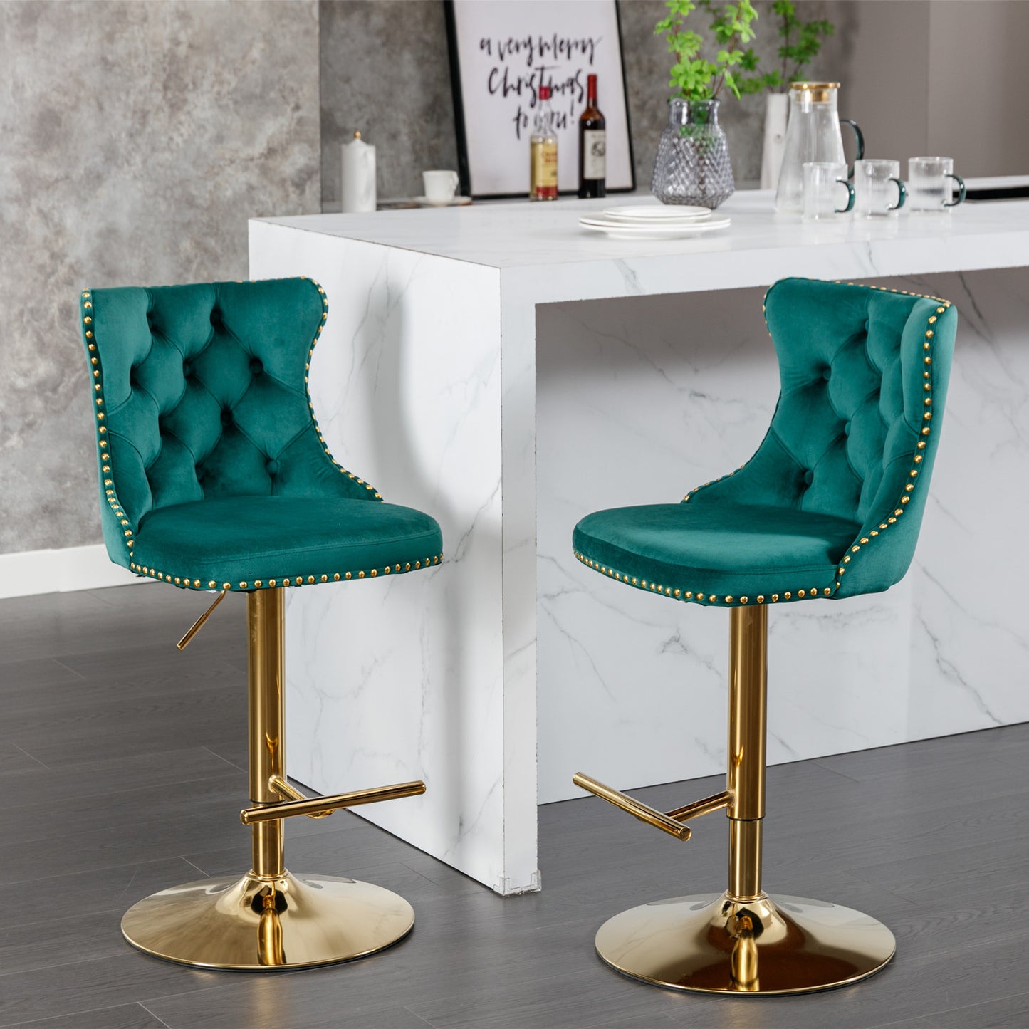Emerald green velvet bar stool with gold accents and tufted back