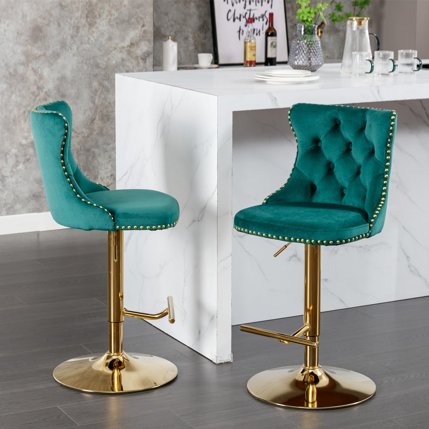 Green velvet tufted bar stool with gold accents and base