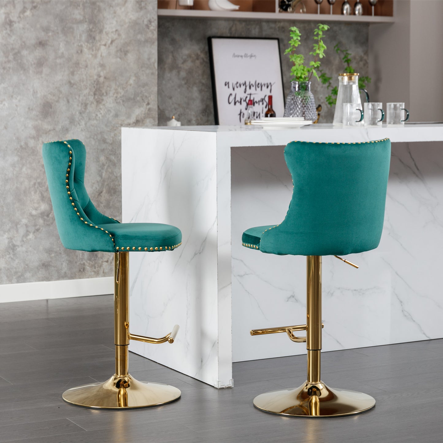 Emerald velvet bar stool with gold trim