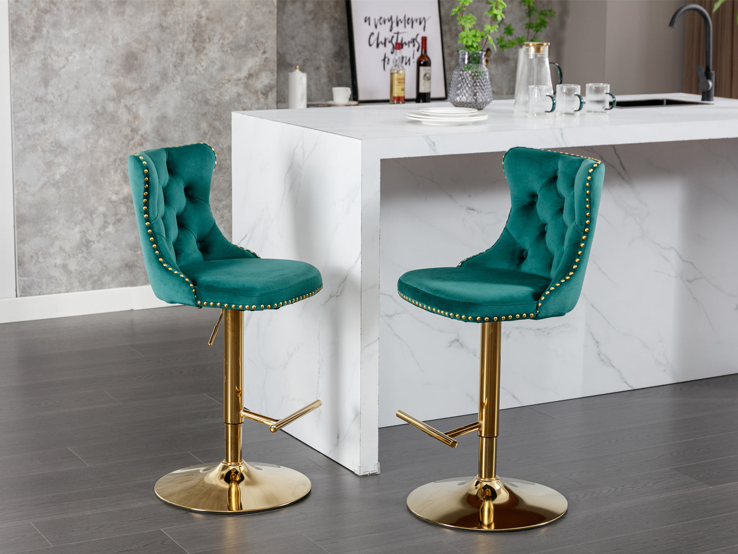 Emerald velvet bar stool with gold hardware and adjustable height