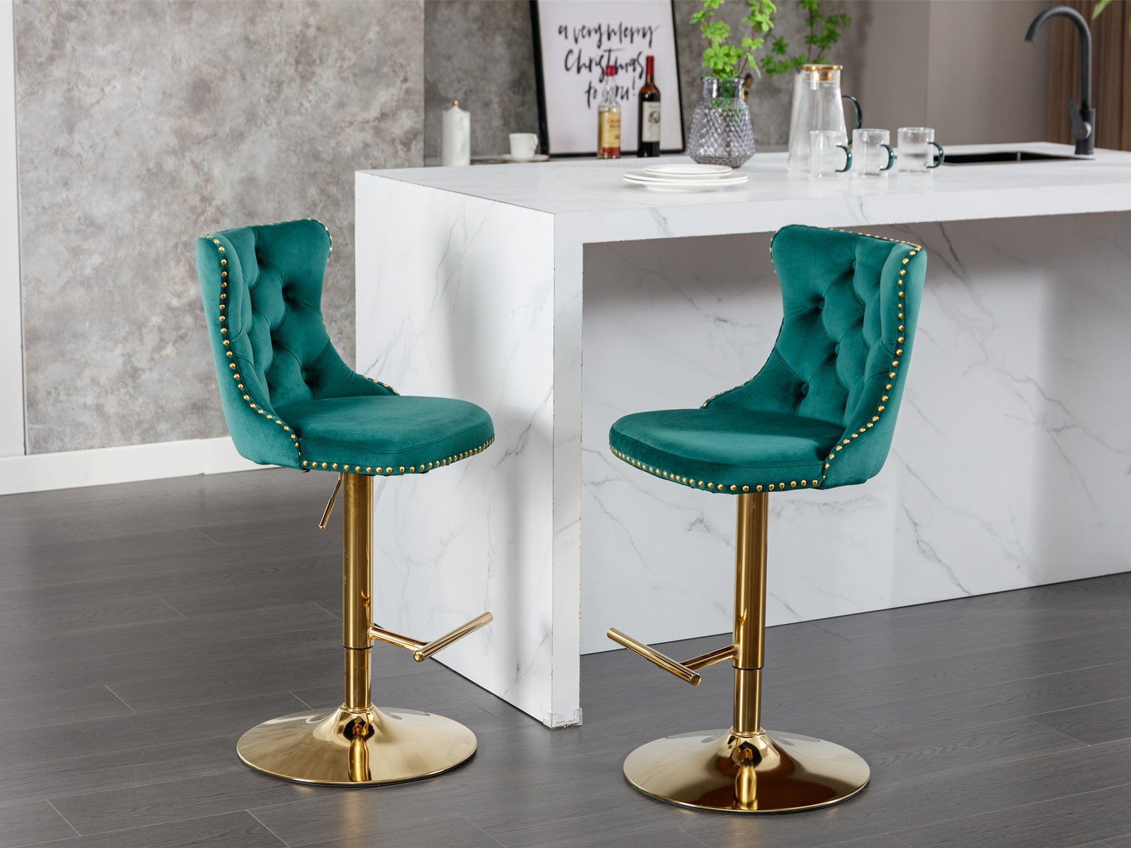Emerald velvet bar stool with gold hardware and adjustable height