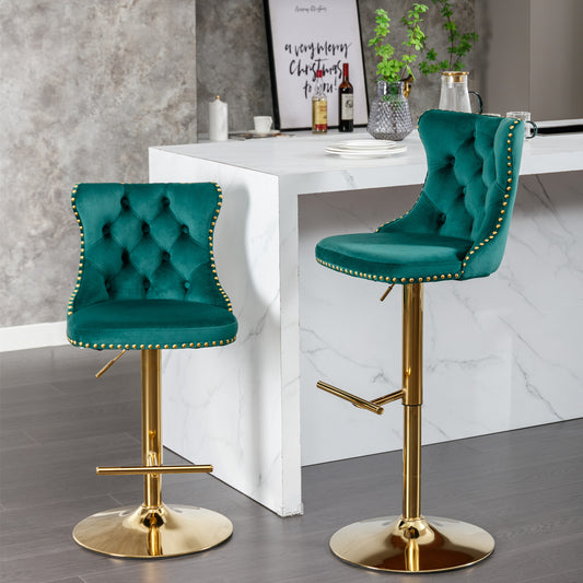 Emerald green velvet tufted bar stool with gold trim and adjustable height