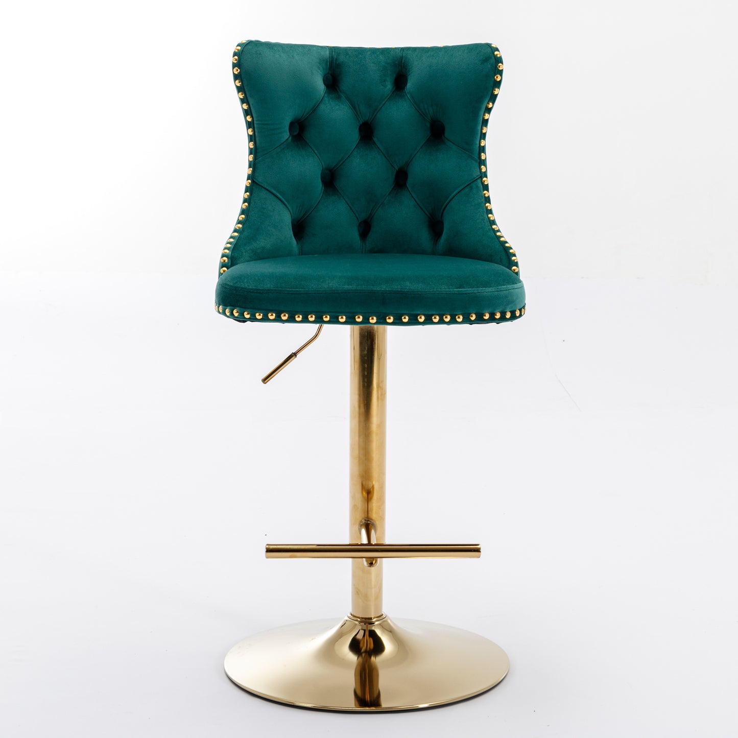 Emerald green velvet bar stool with gold trim and base