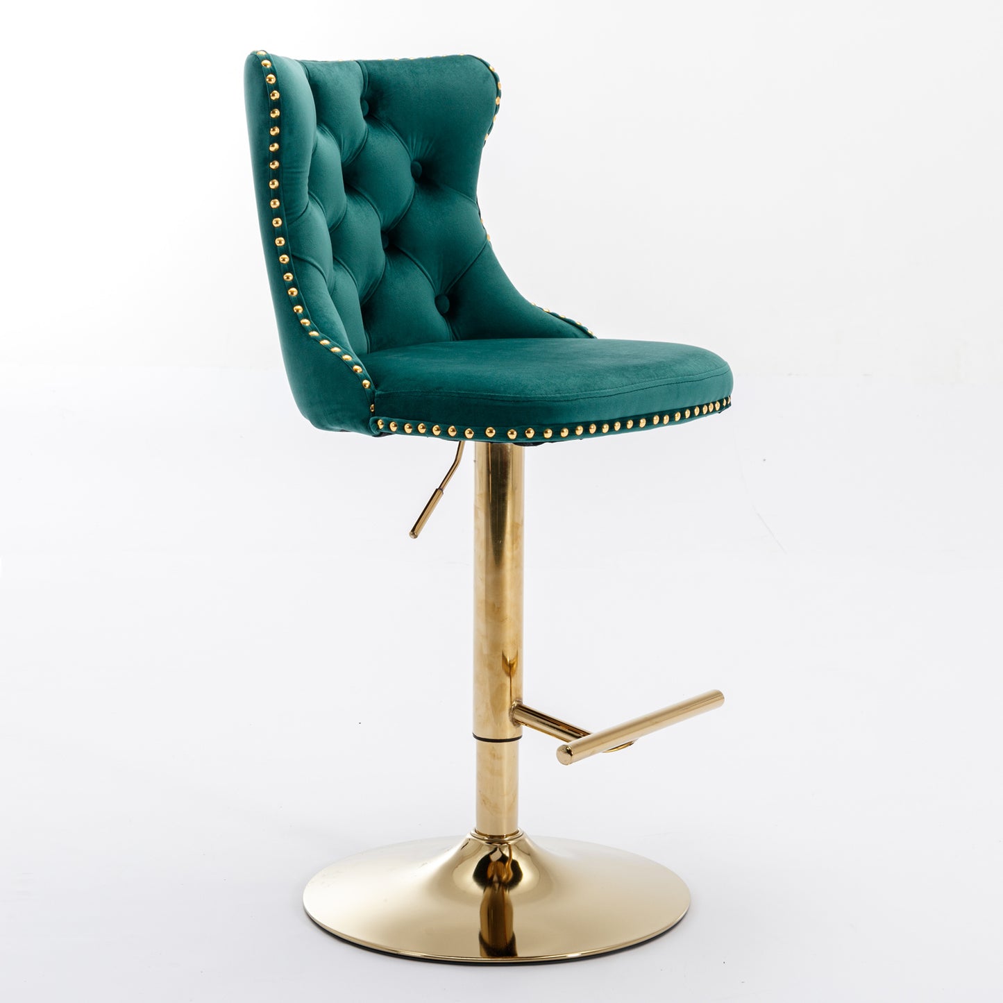 Emerald green velvet tufted bar stool with gold trim and base