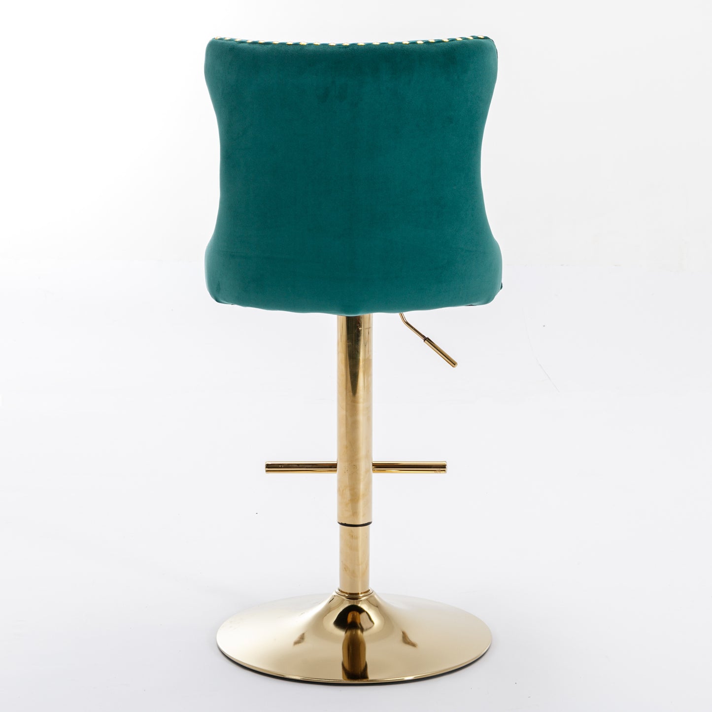 Teal velvet bar stool with gold base and tufted back