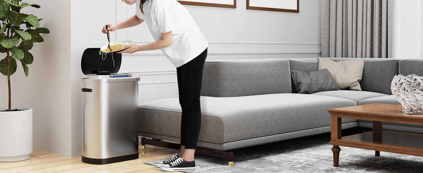 Stainless steel smart trash can with motion sensor lid and touch panel