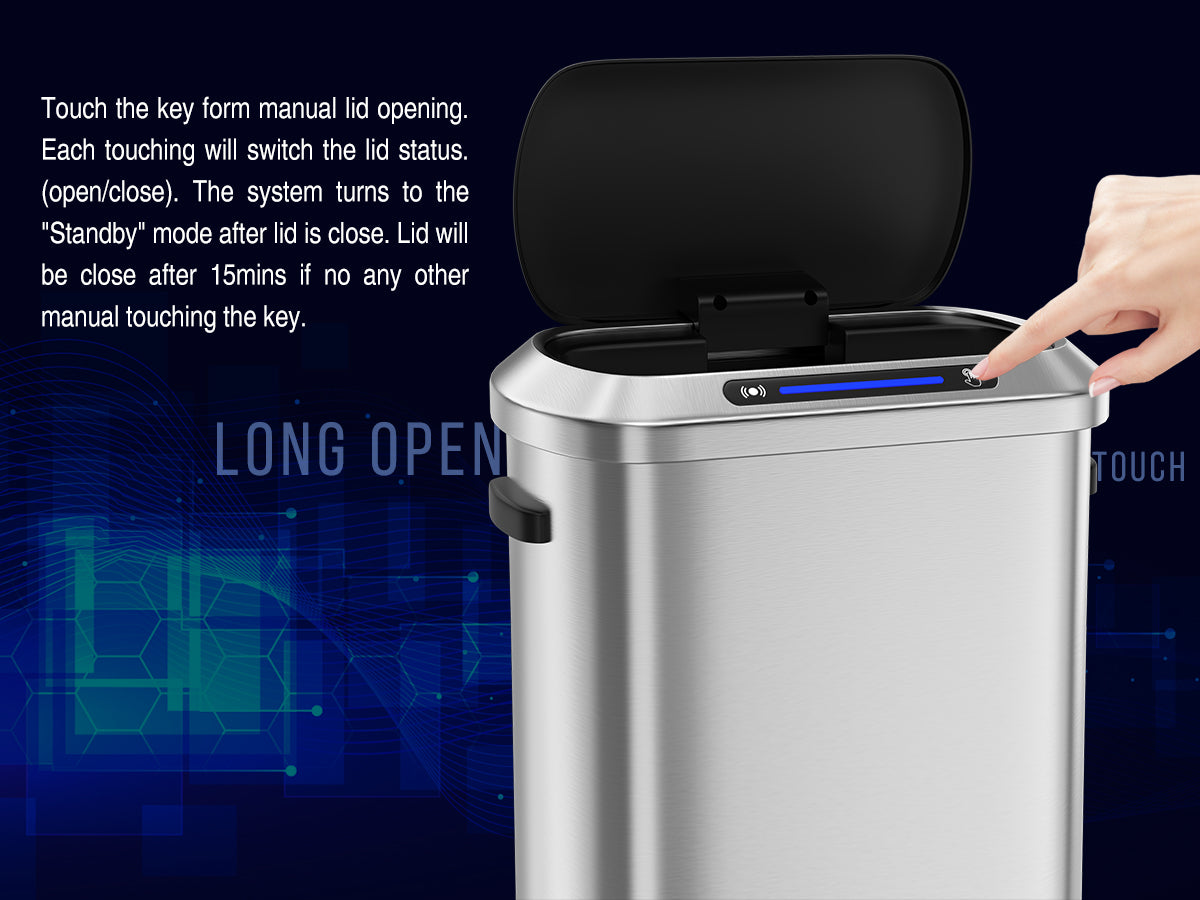 Stainless steel kitchen trash can with touchactivated lid