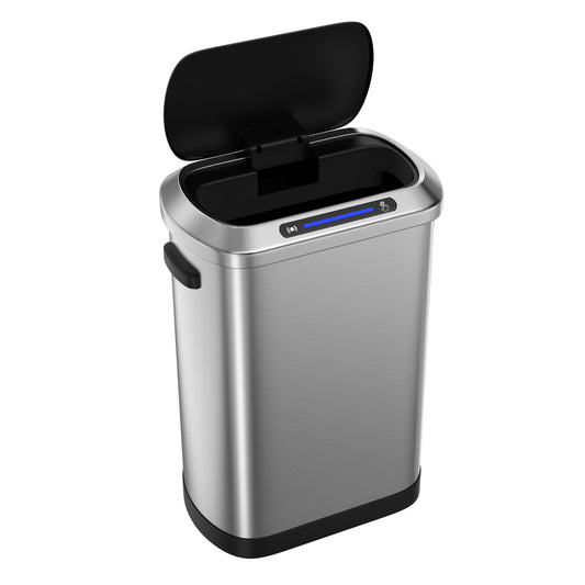 Brushed stainless steel automatic trash can with motion sensor lid open