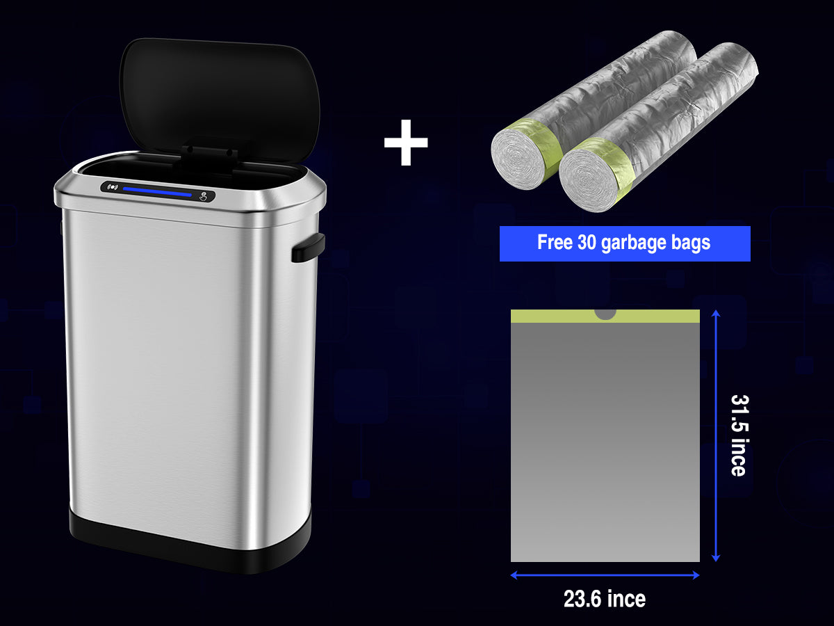 Silver stainless steel automatic trash can with open lid and motion sensor