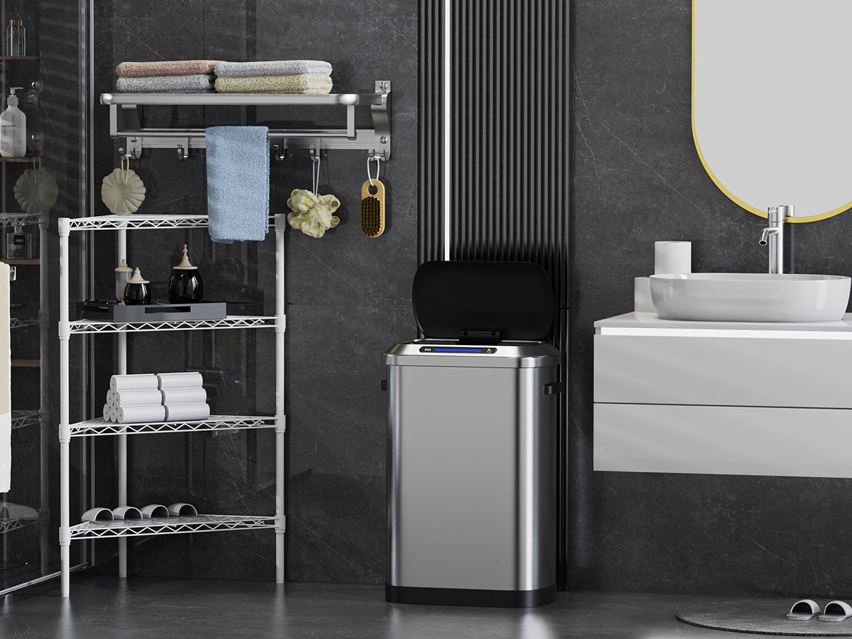 Stainless steel automatic sensor trash can with black lid for modern bathrooms