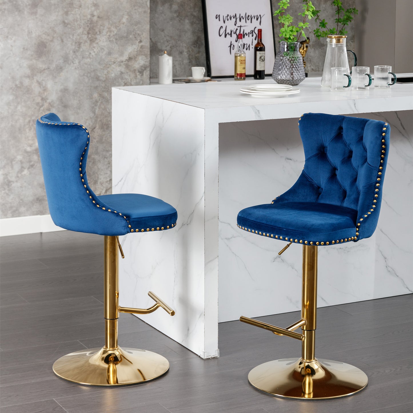 Blue velvet bar stool with gold studs and adjustable height