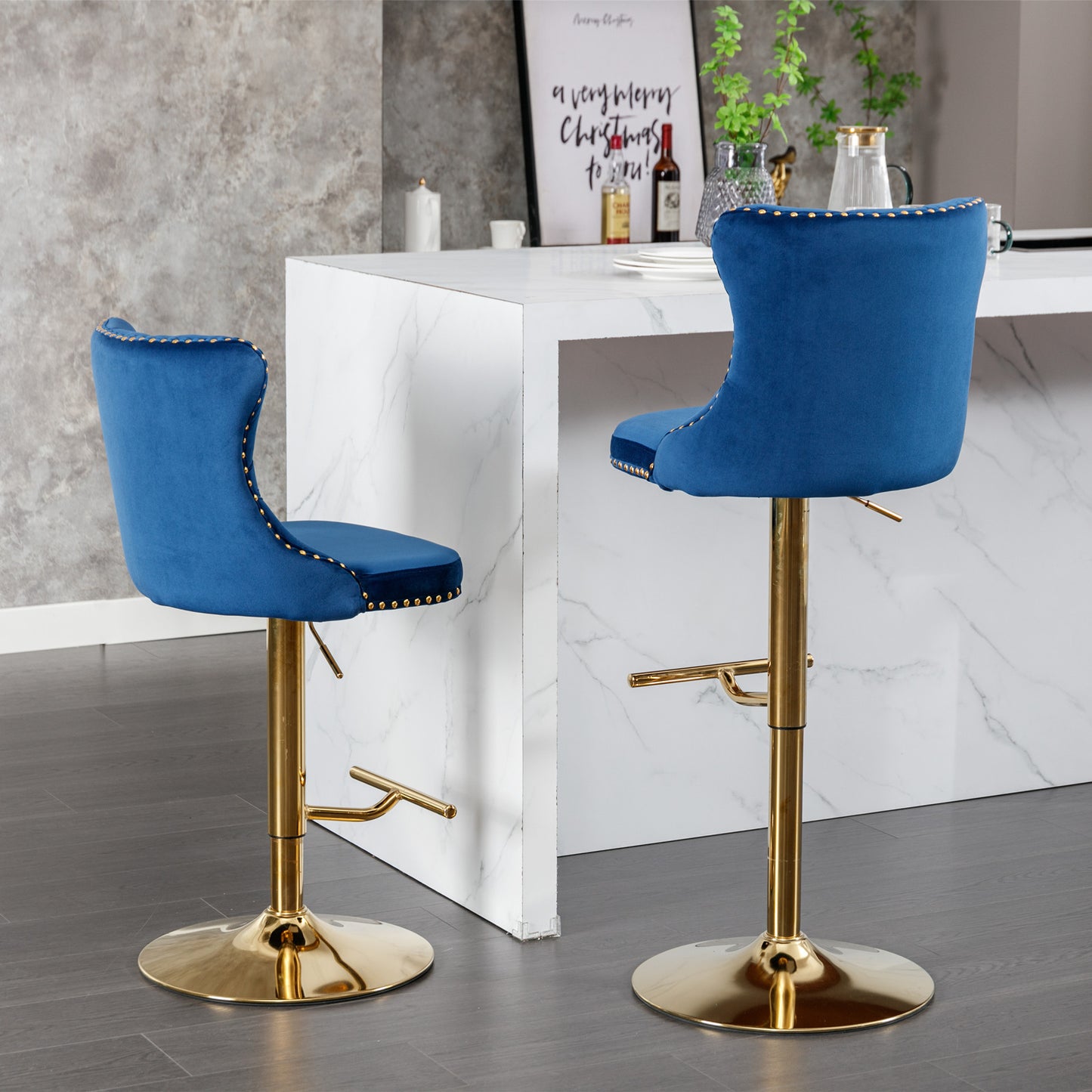 Elegant blue velvet bar stool with gold accents and adjustable height
