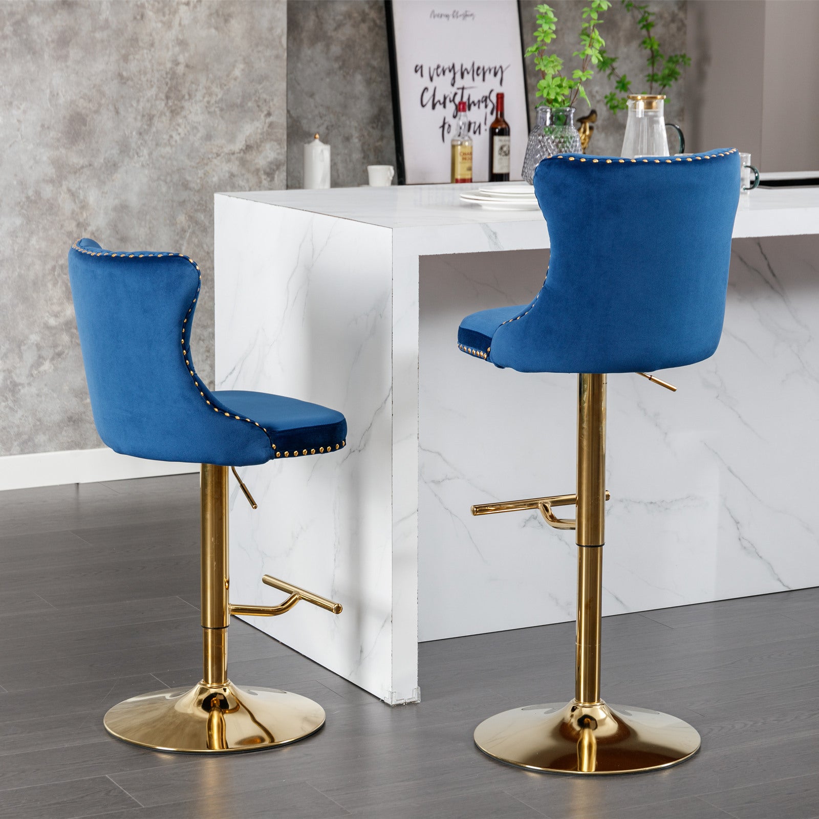 Elegant blue velvet bar stool with gold accents and adjustable height