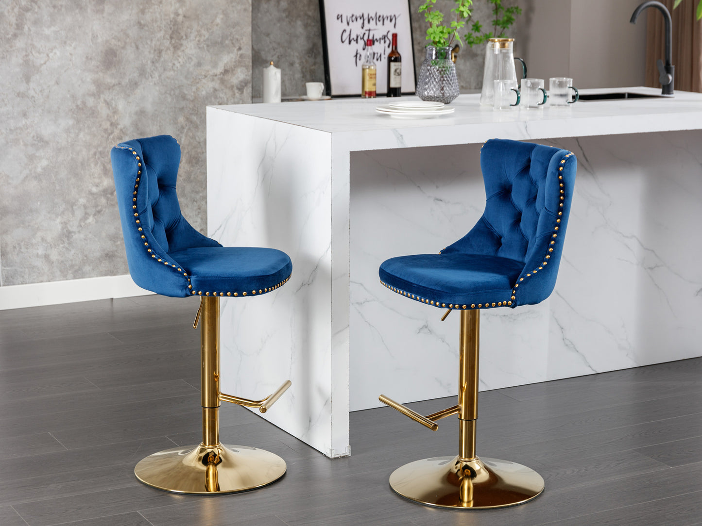 Blue velvet bar stool with gold trim and tufted back