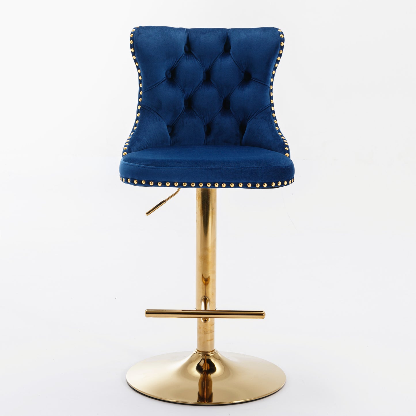 Tufted navy velvet bar stool with gold nailhead trim and polished gold base