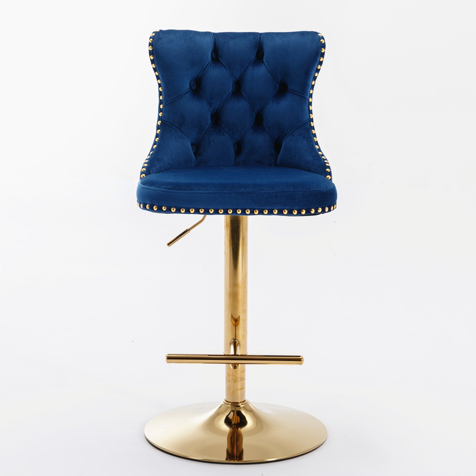 Tufted navy velvet bar stool with gold nailhead trim and polished gold base