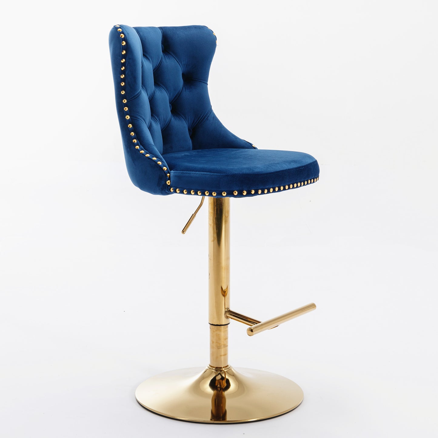 Deep blue velvet tufted bar stool with gold nailhead trim and gold base