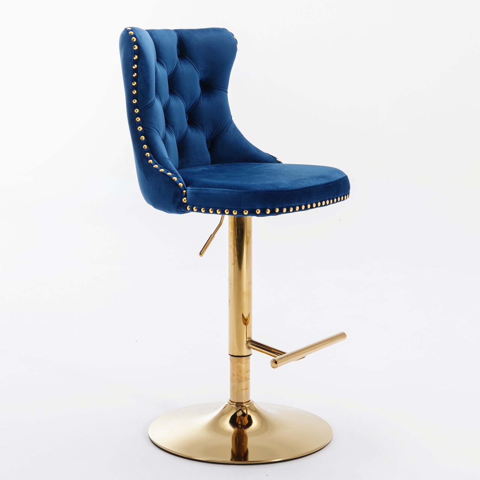 Deep blue velvet tufted bar stool with gold nailhead trim and gold base