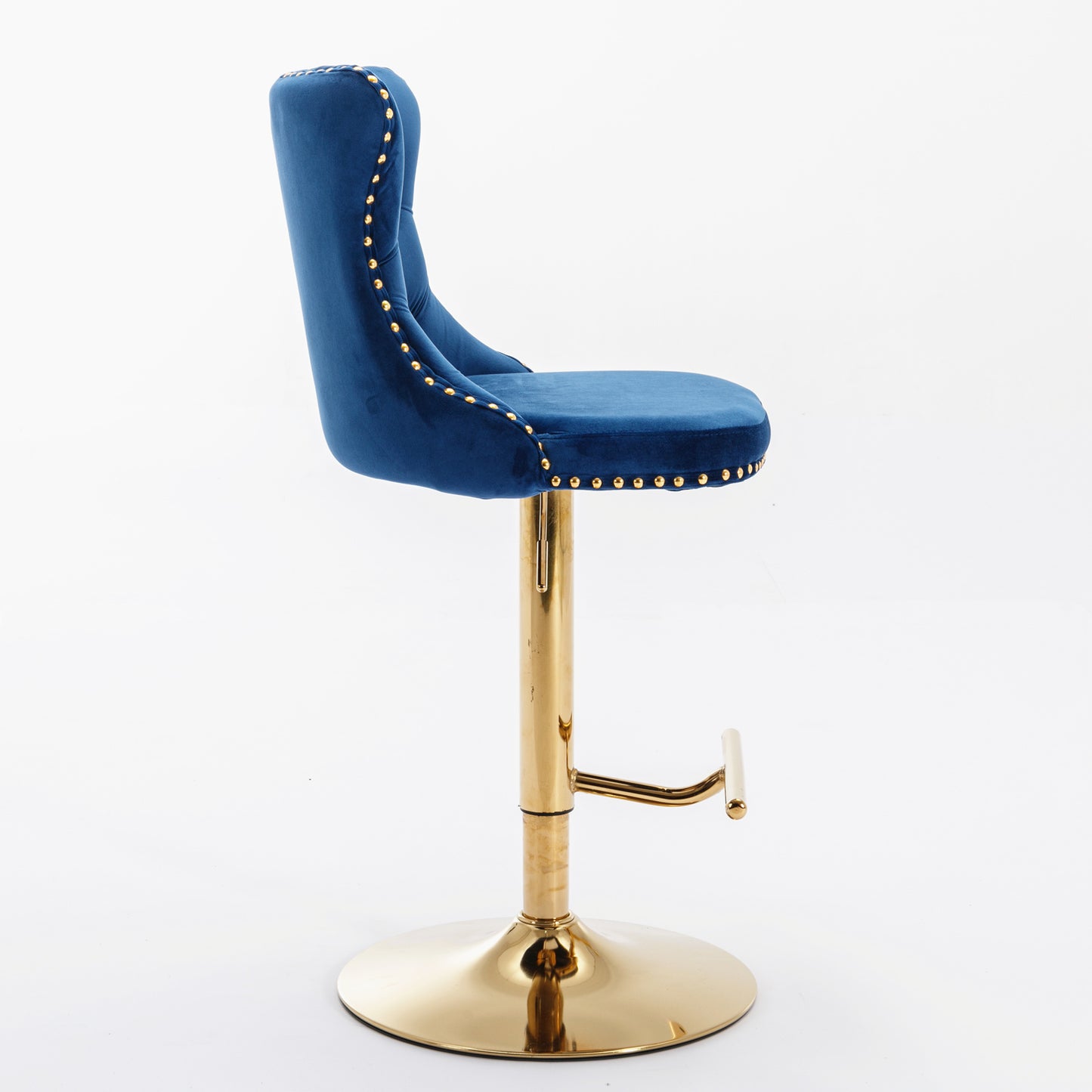 Adjustable navy blue velvet bar stool with gold studded trim and polished gold base