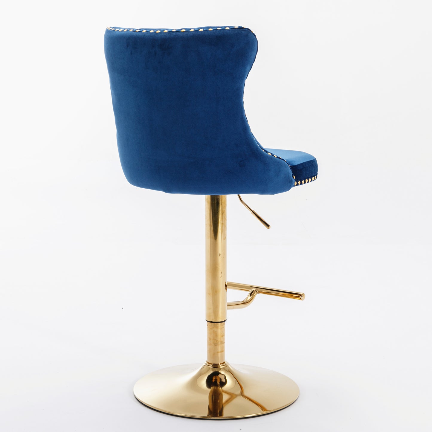 Deep blue velvet bar stool with gold accents and adjustable height