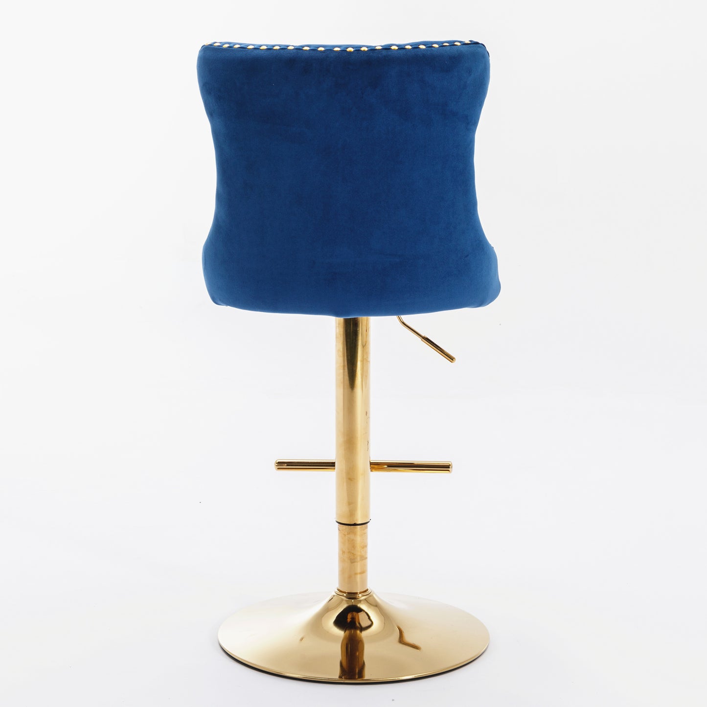 Adjustable blue velvet bar stool with gold base and nailhead trim